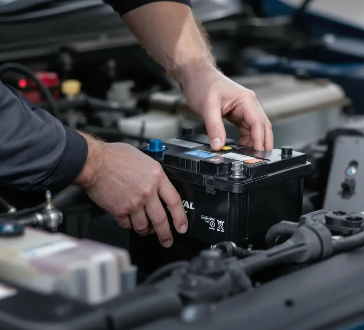 Why drivers call us Hands fitting a battery in a dark engine bay