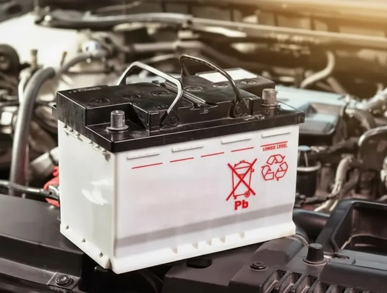 Battery work at the car White battery sitting on top of an engine
