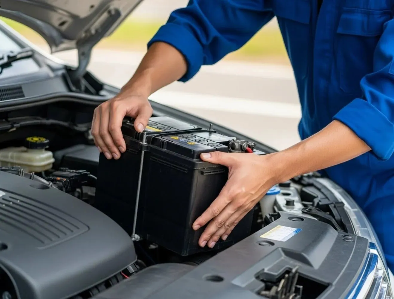 Picked to fit the car Technician lifting a battery from a car