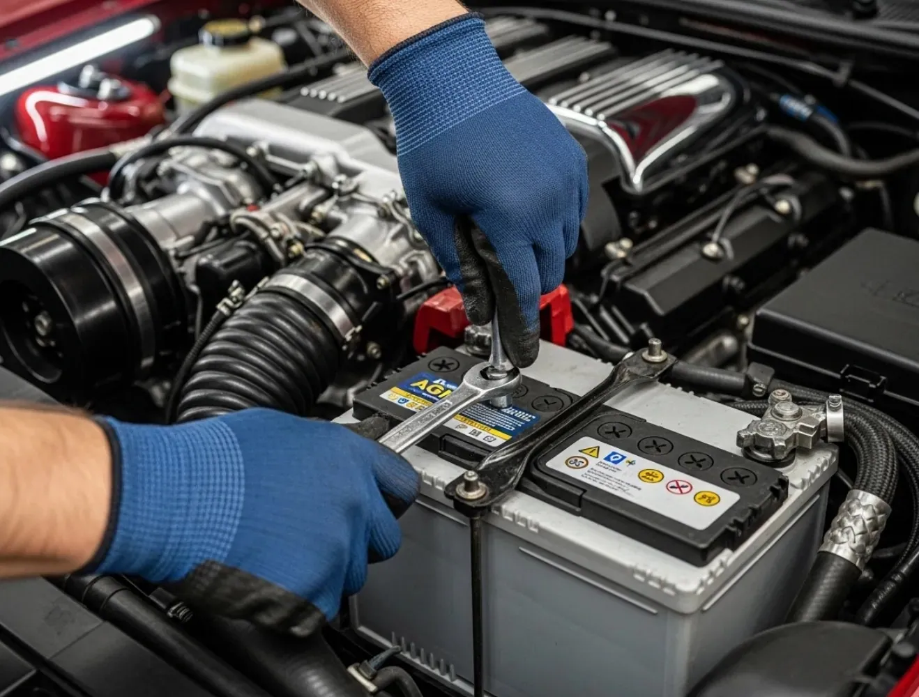 Chosen for the vehicle Blue-gloved hand fixing twin batteries