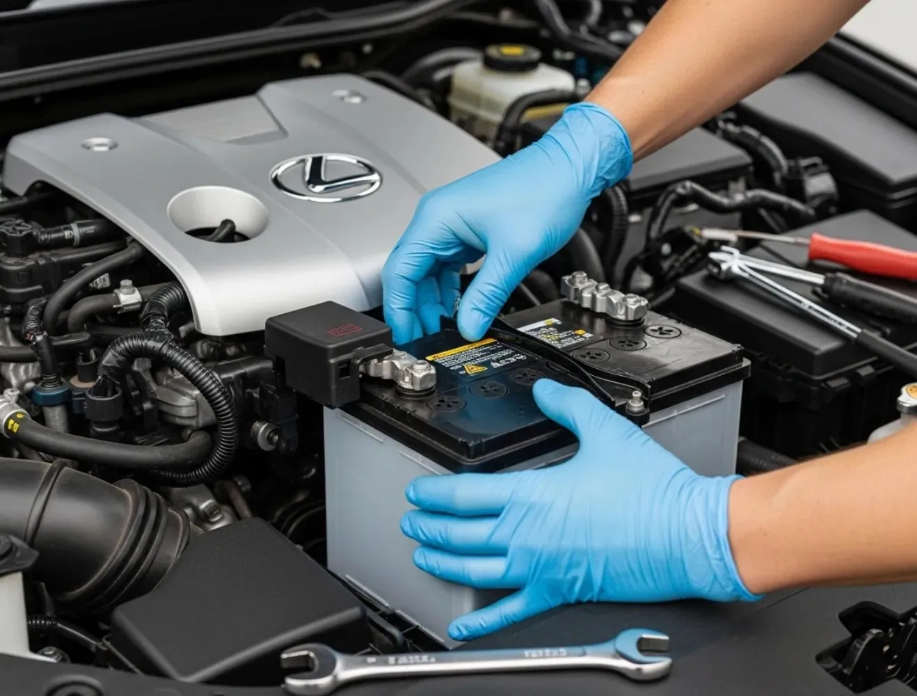 Blue-gloved hands fitting a battery in a Lexus