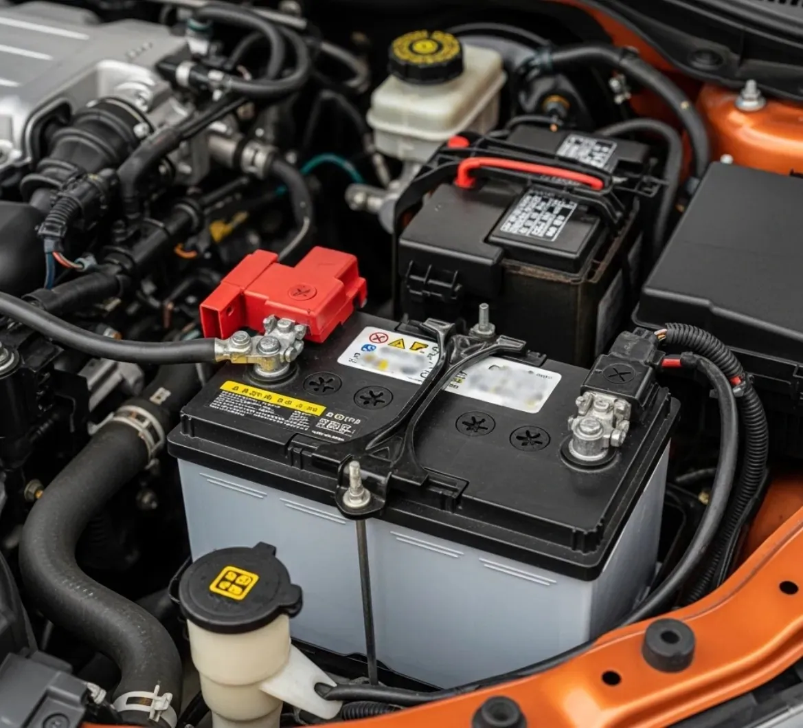 Careful hands on every job Battery with a red cover beside an orange car panel