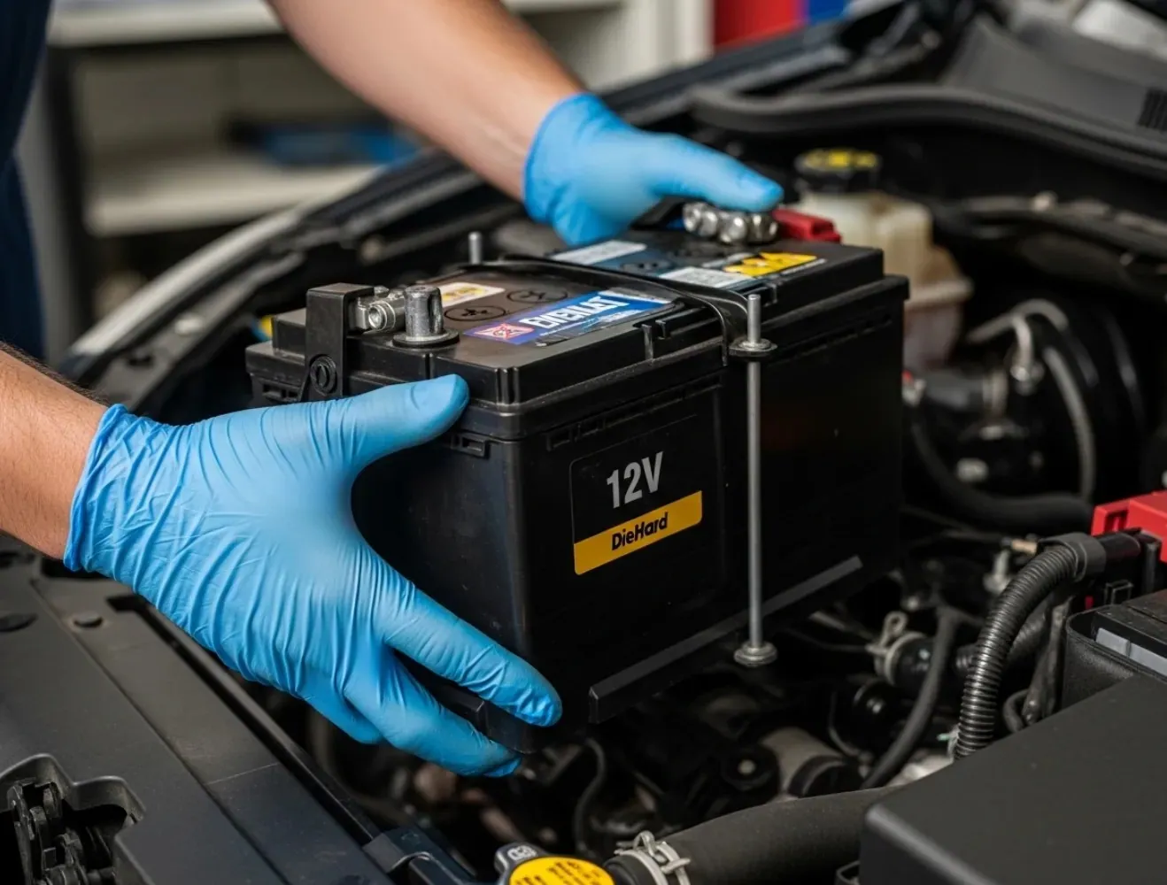 Options for every car Blue-gloved hands lifting a 12V battery