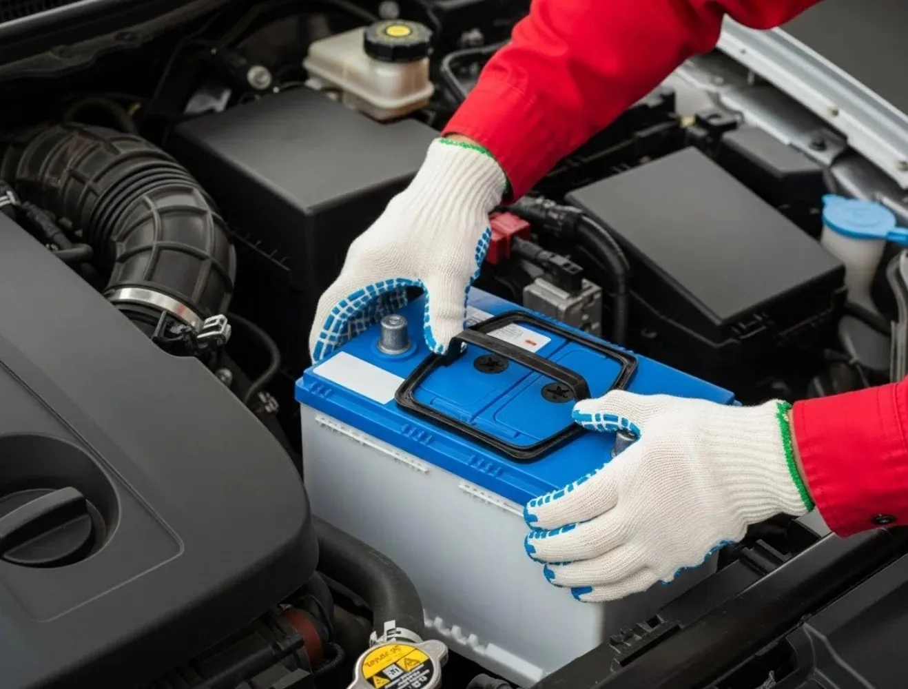 Fitting in progress Gloved hands placing a blue battery