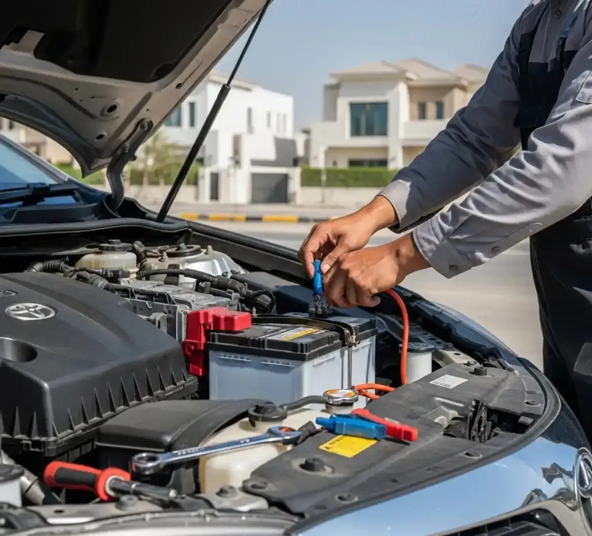 Done properly, first time Technician checking a battery in a villa driveway
