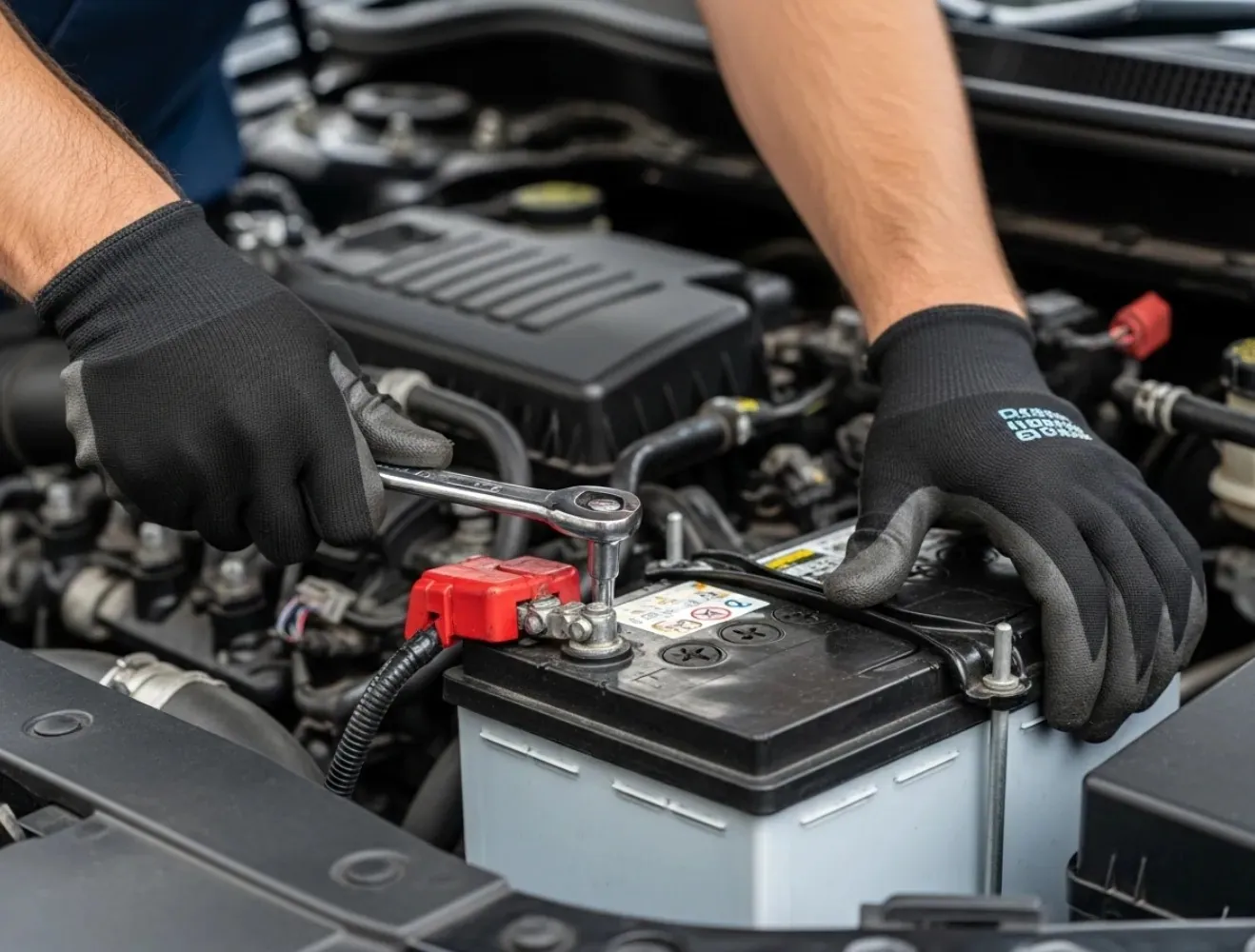 Chosen for the vehicle Black-gloved hands fitting a battery