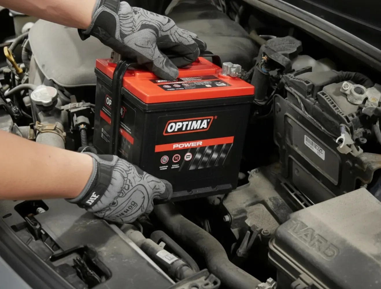 Chosen for the vehicle Gloved hands holding an Optima battery