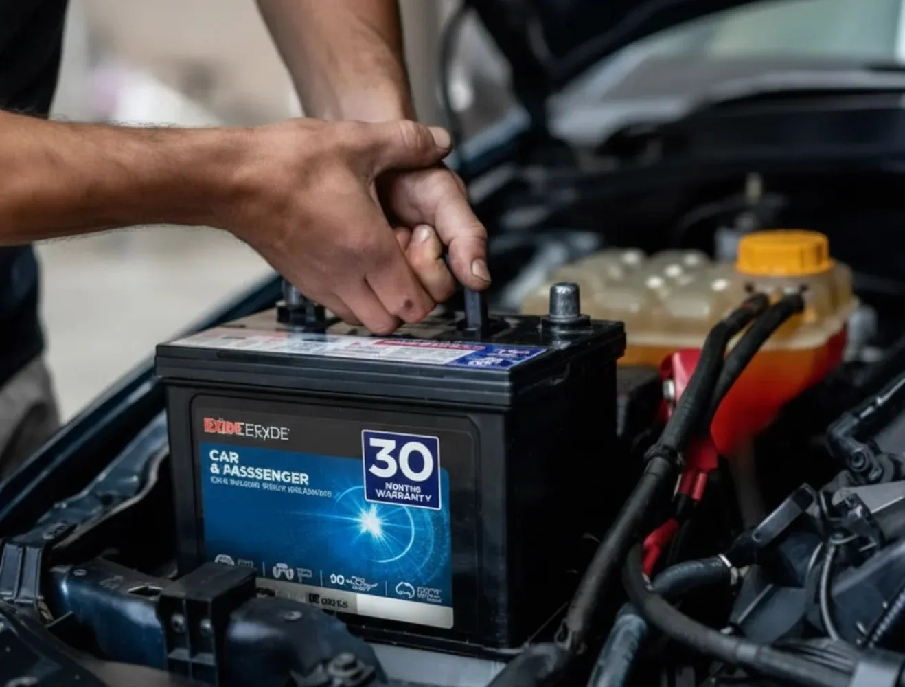 Matched to the vehicle Hand on a battery under the bonnet