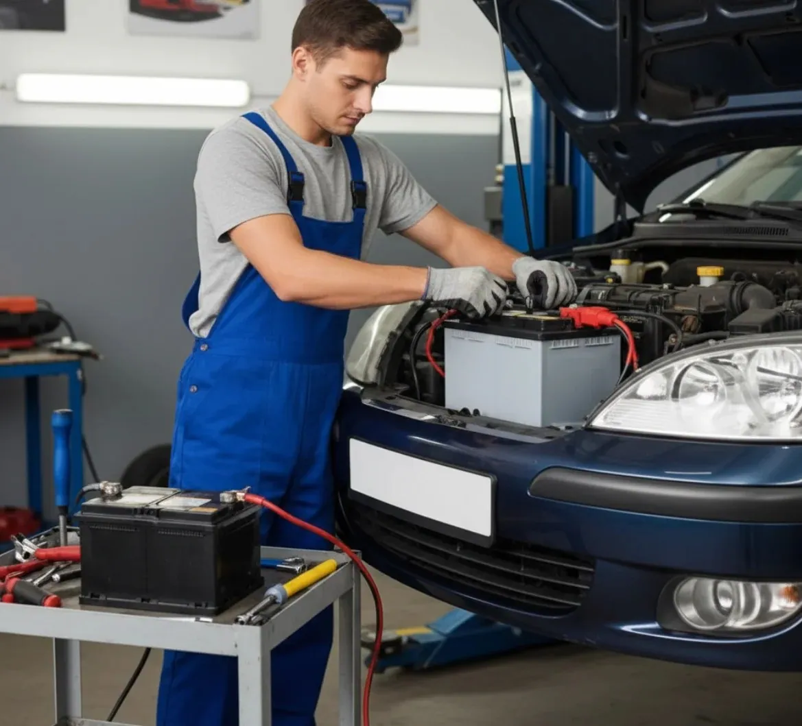 Why drivers call us Technician charging a battery in a workshop
