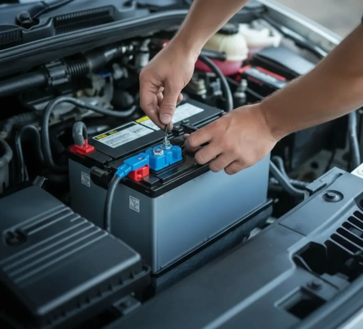 Careful hands on every job Hands fixing a blue battery terminal