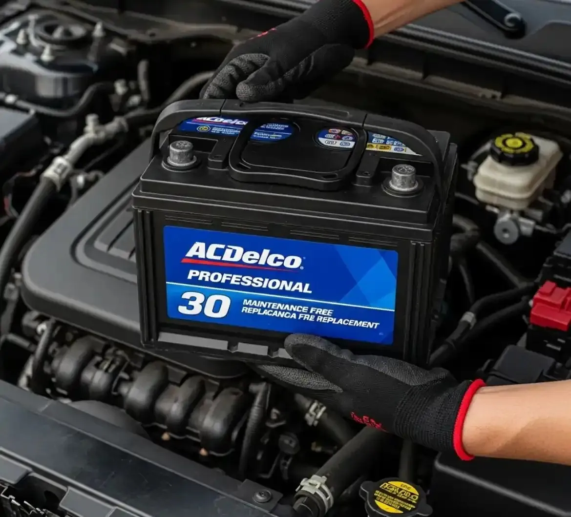 Fitted on the call-out Technician lowering an ACDelco battery into the engine bay