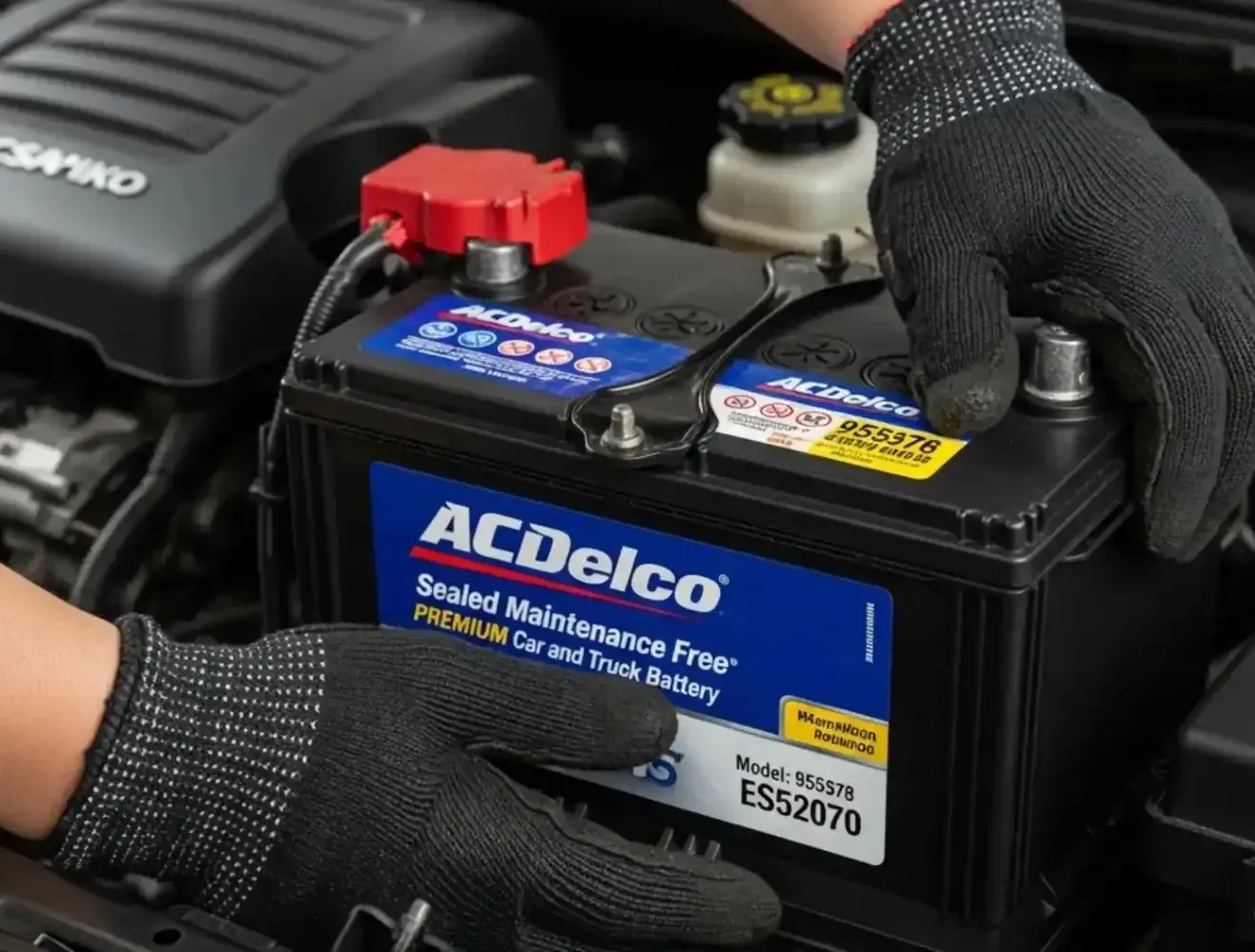 Ready to go in Gloved hands holding an ACDelco battery over an engine bay