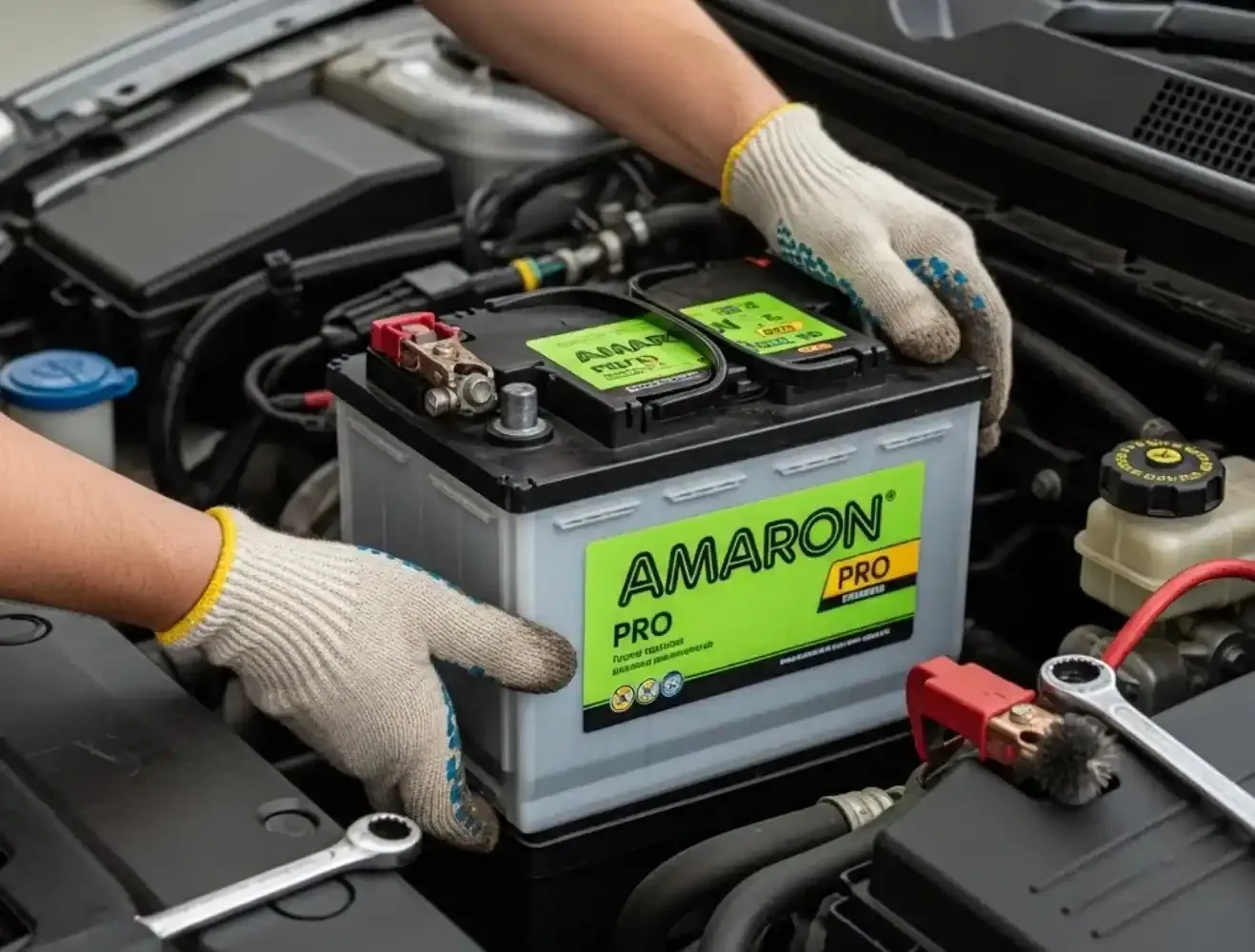 Gloved hands fitting an Amaron Pro battery