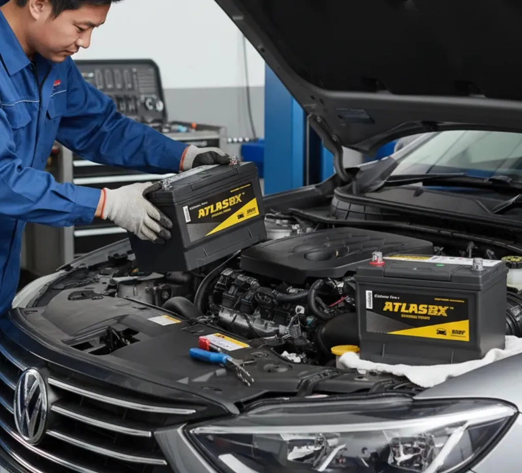 From arrival to handover Technician fitting an AtlasBX battery under an open bonnet