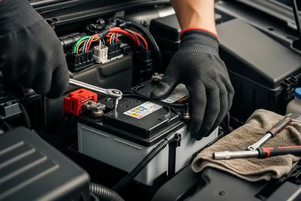 The second battery, serviced on site Gloved hands working on a small auxiliary battery in the engine bay