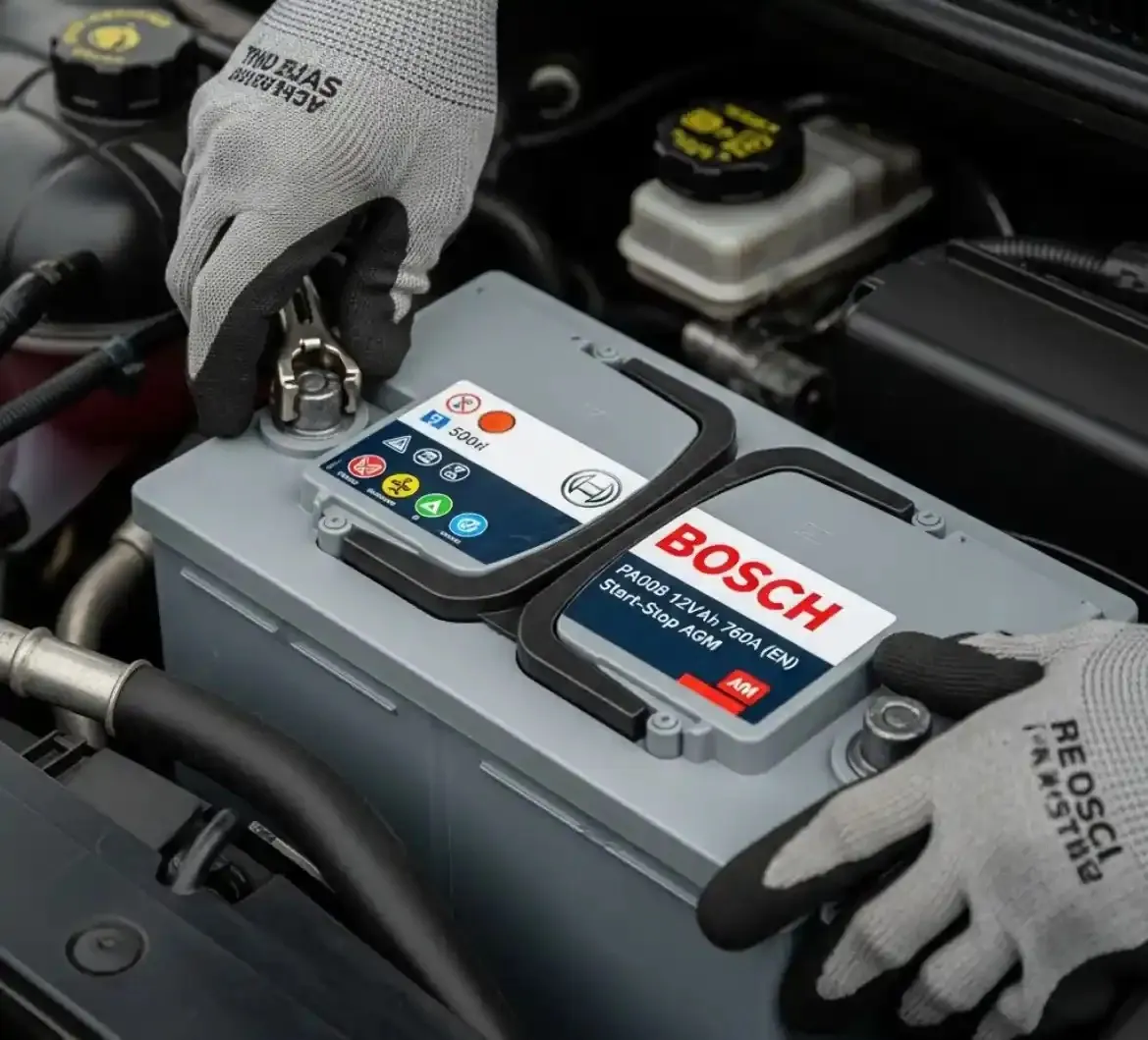 Gloved hands lowering a Bosch battery into its tray