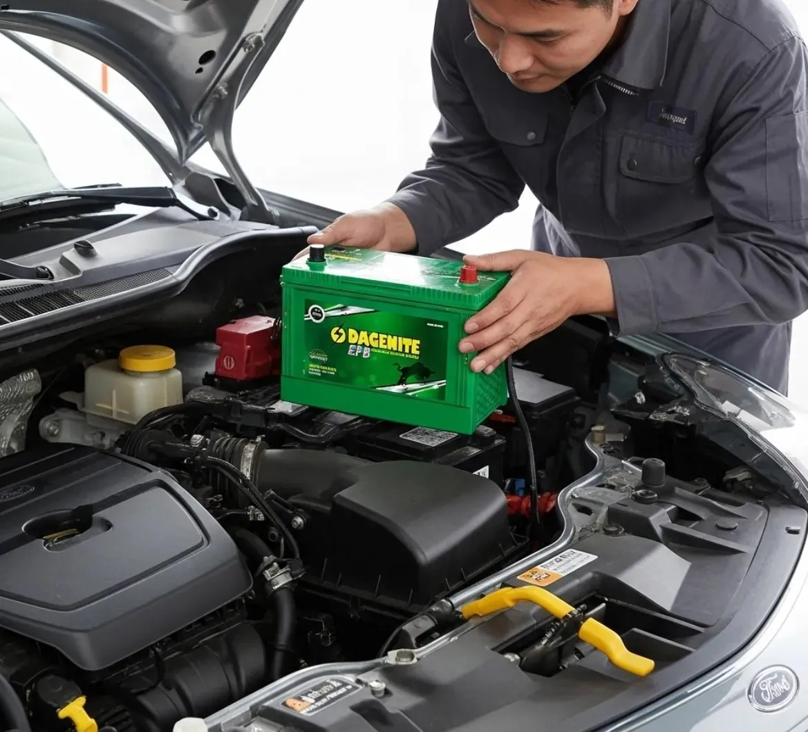 Fitted where the car stands Technician lifting a Dagenite battery into an engine bay