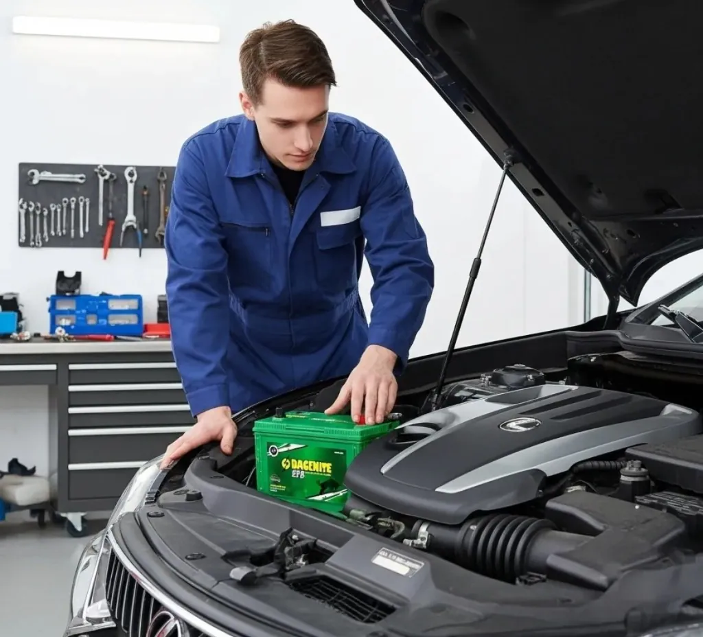 Our technicians at work Young technician fitting a Dagenite battery in a workshop