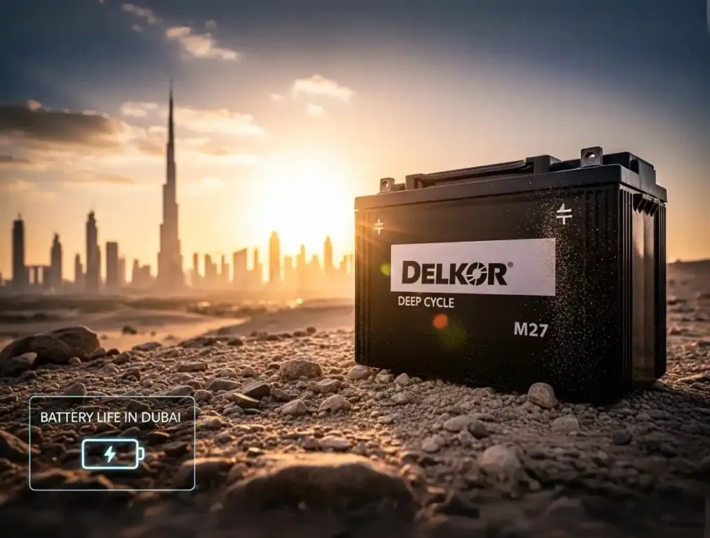 Summer in Dubai Delkor battery on sand with the Dubai skyline at sunset