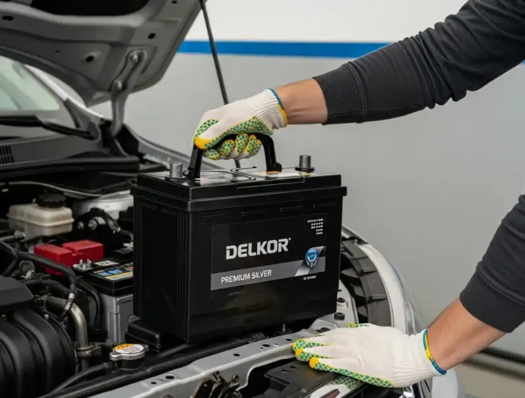 Included in the visit Gloved hands lifting a Delkor battery from an engine bay