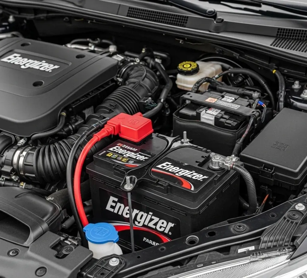 Installed and clamped down Energizer battery installed under a car bonnet