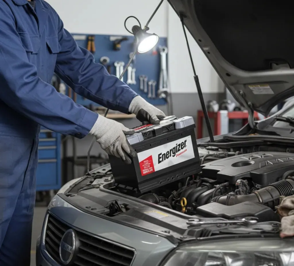 The fitting routine Technician lifting an Energizer battery out of a car