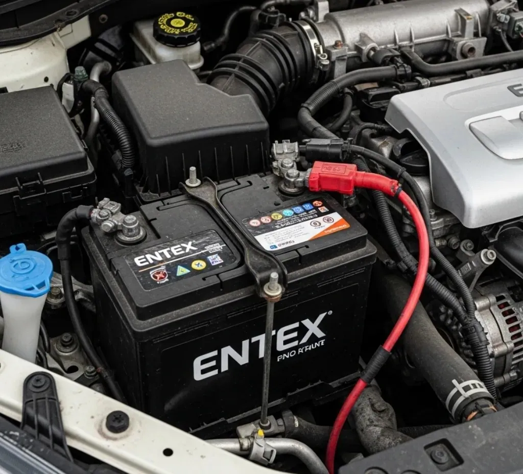 Connected on site Entex battery in an engine bay with its lead connected