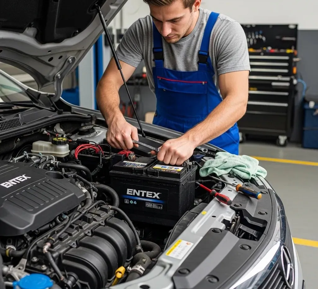 Our mobile service Mechanic in overalls fitting an Entex battery
