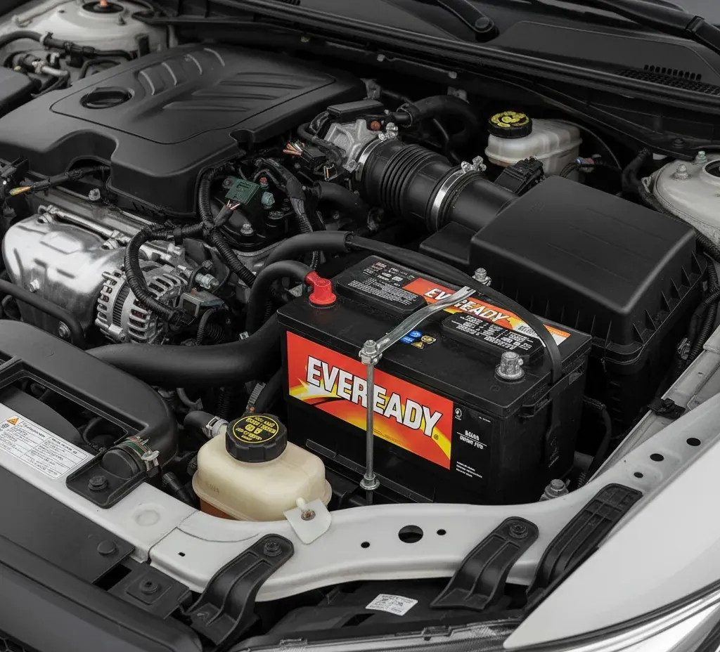 Installed and working Eveready battery installed in a car engine bay