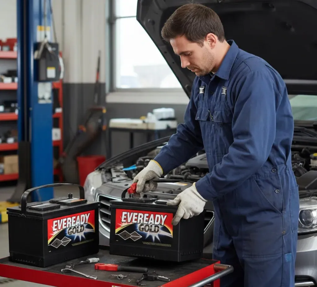 Brought to each call-out Technician fitting an Eveready battery with a spare beside the car