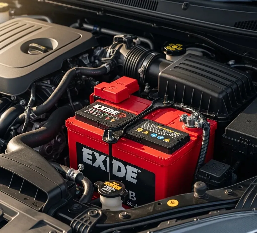 Secured in place Red Exide battery fitted in an engine bay