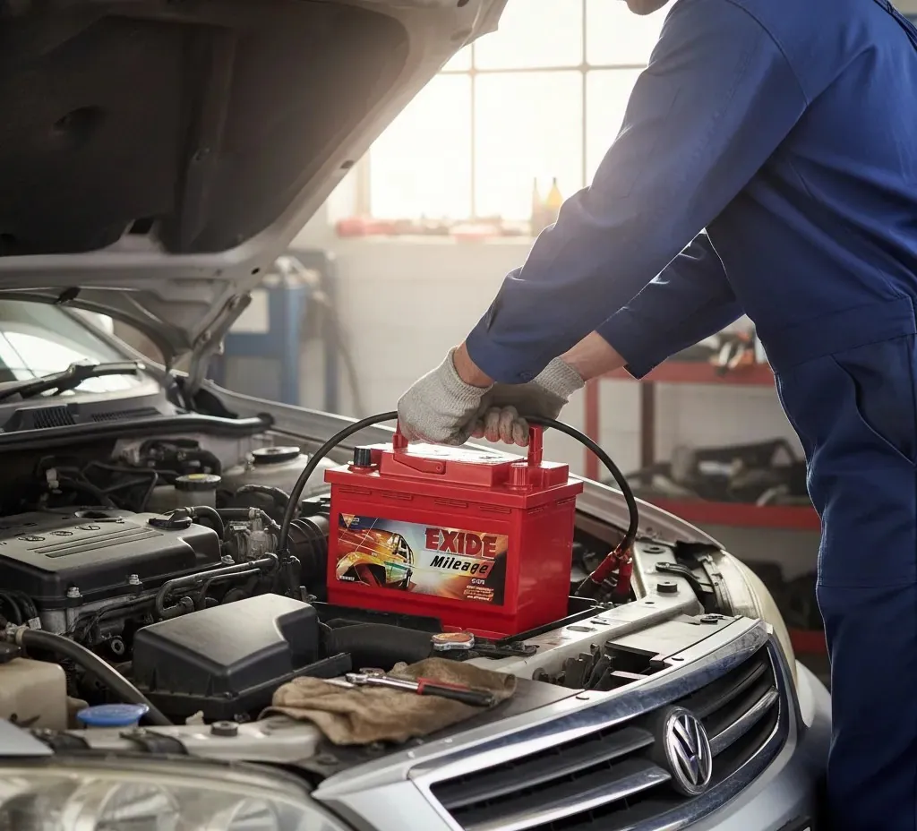 Step by step Technician lowering an Exide battery into a car