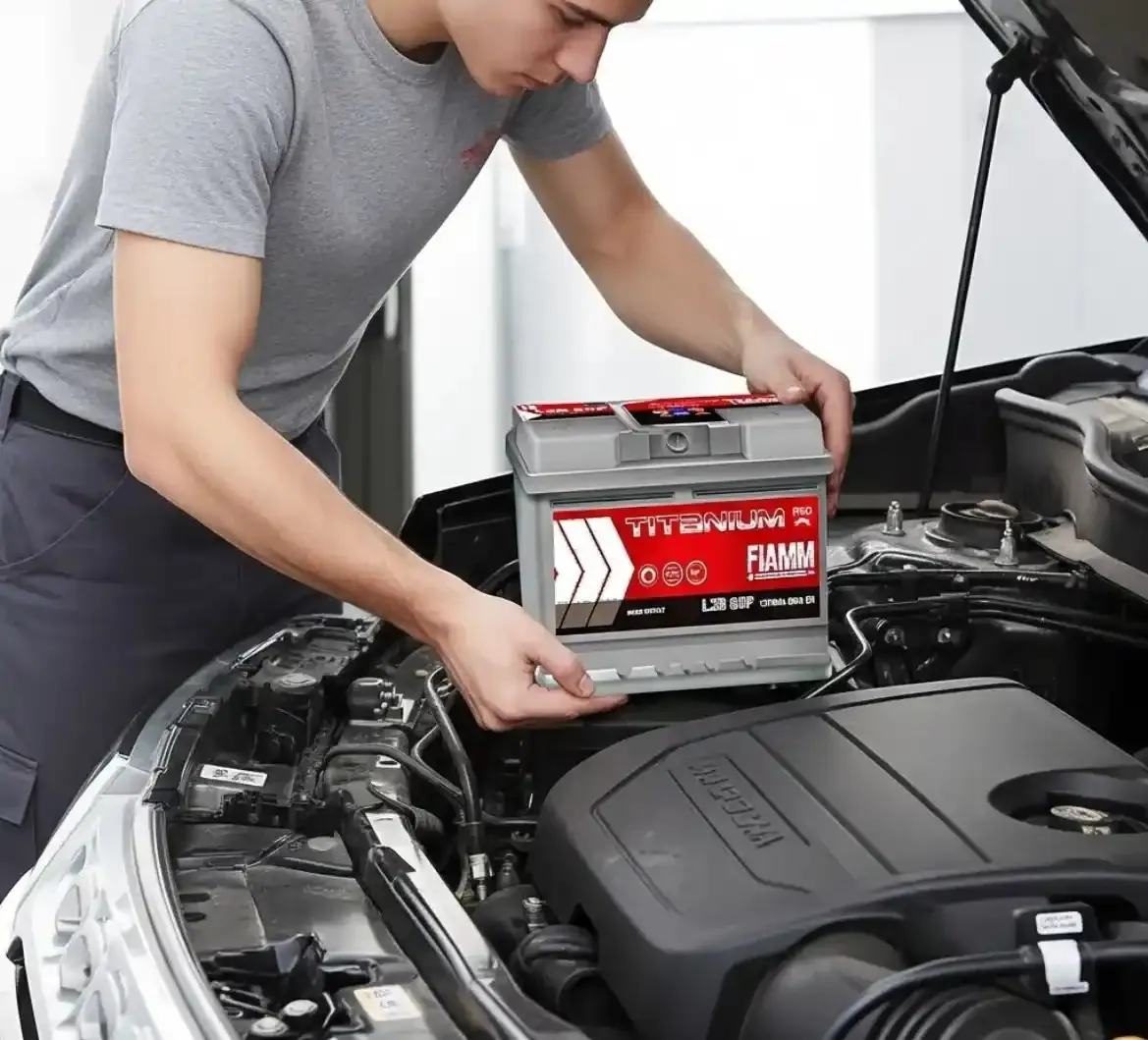 What the mobile team offers Mobile technician setting a Fiamm battery into a car