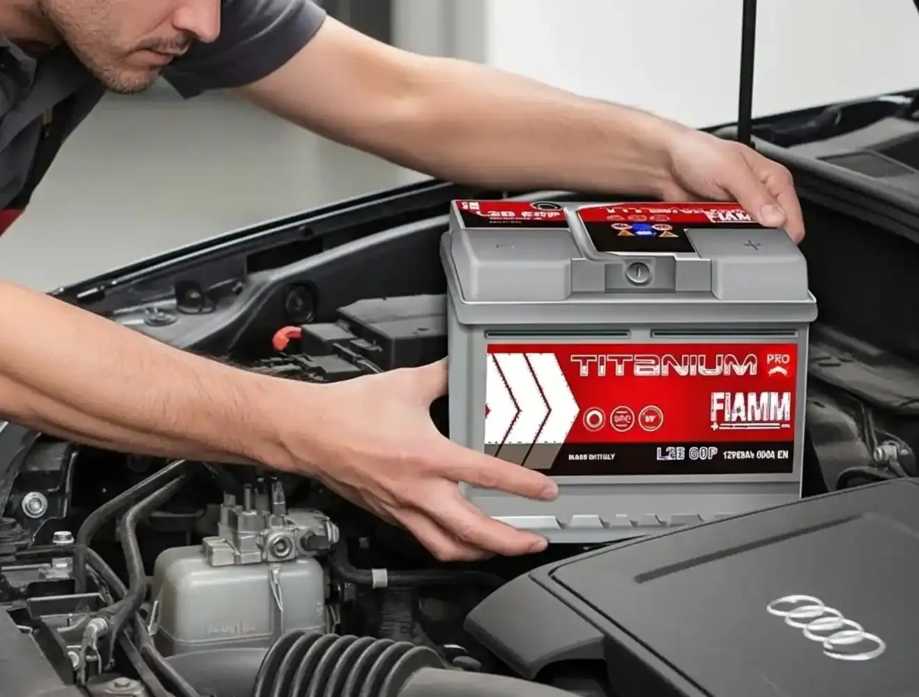 Going into place Hands placing a Fiamm battery into its tray