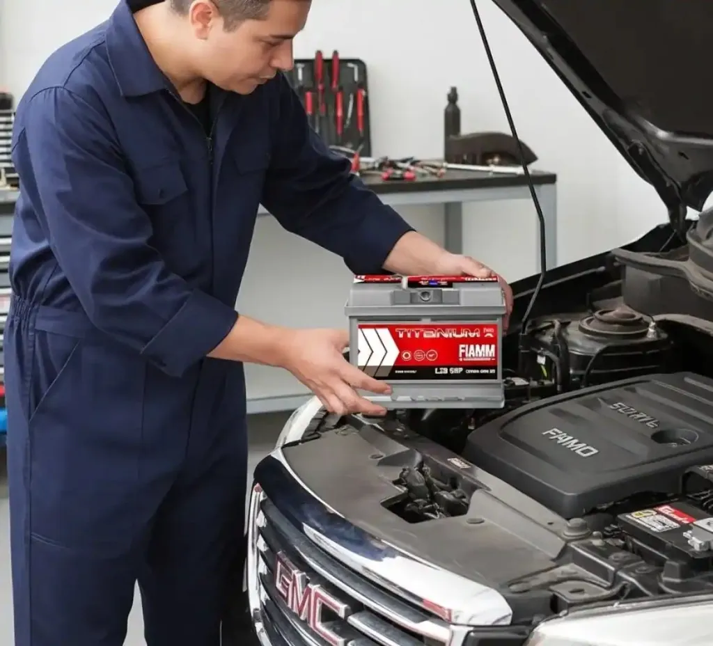 The full service Technician in overalls fitting a Fiamm battery