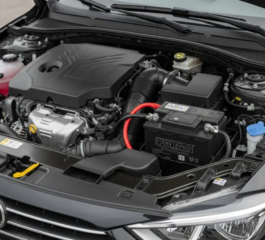 Fitted to suit the vehicle Battery installed in a car engine bay