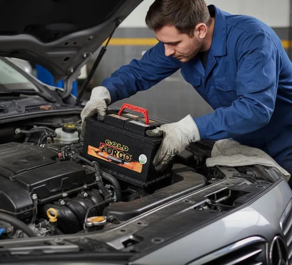 On the job Technician lifting a Forgo battery out of an engine bay