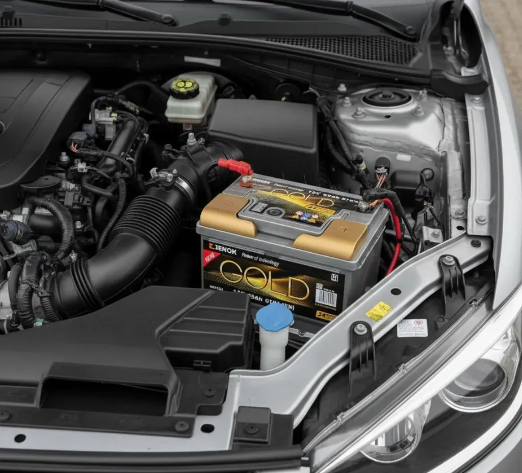 In the engine bay Gold battery installed in an engine bay