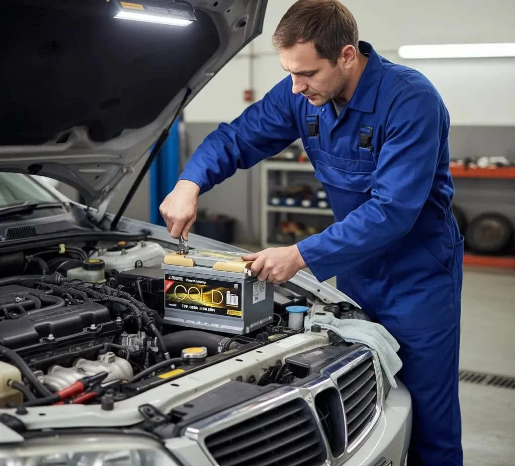 A planned change Technician fitting a Gold battery under a raised bonnet