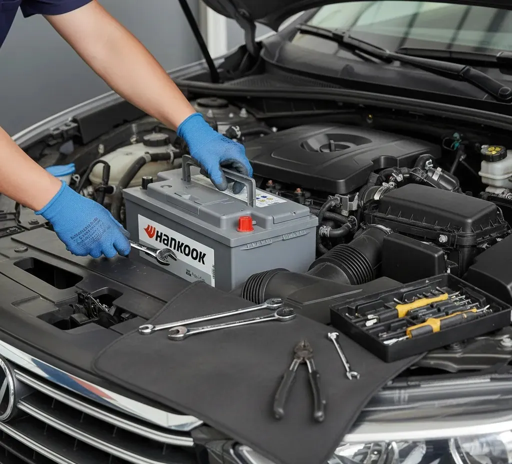 Why fleets call us Hands in blue gloves fitting a Hankook battery