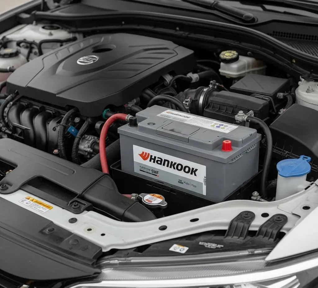 Ready for the road Hankook battery connected in an engine bay