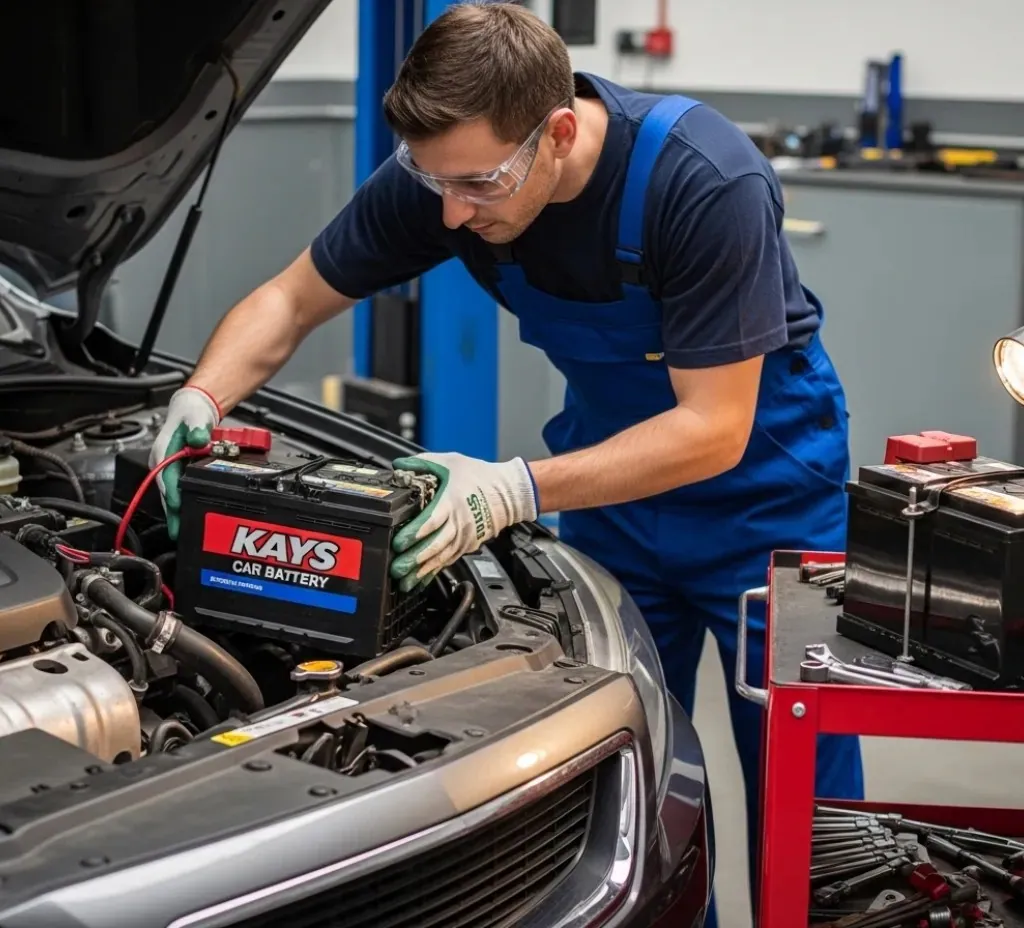 Part of every fitting Technician in safety glasses fitting a Kays battery