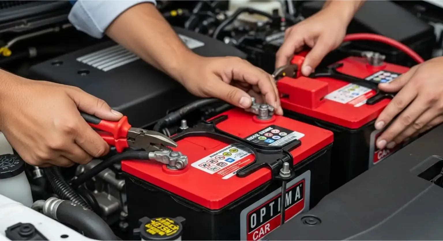 Fitted by our team Hands connecting the leads on a pair of Optima batteries