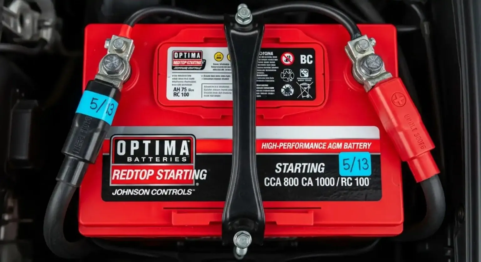 Reasons to have us fit it Close-up of an Optima RedTop with its leads clamped on
