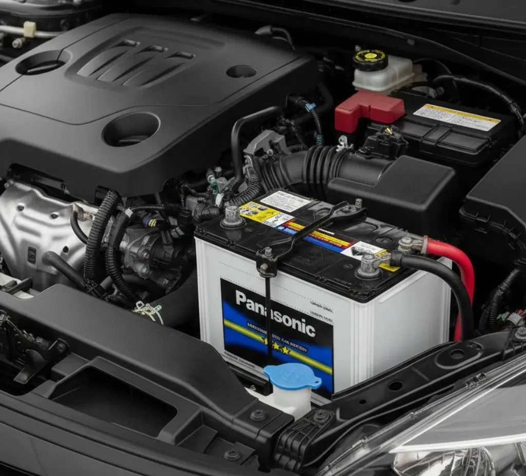 Fitted and connected Panasonic battery fitted in an engine bay