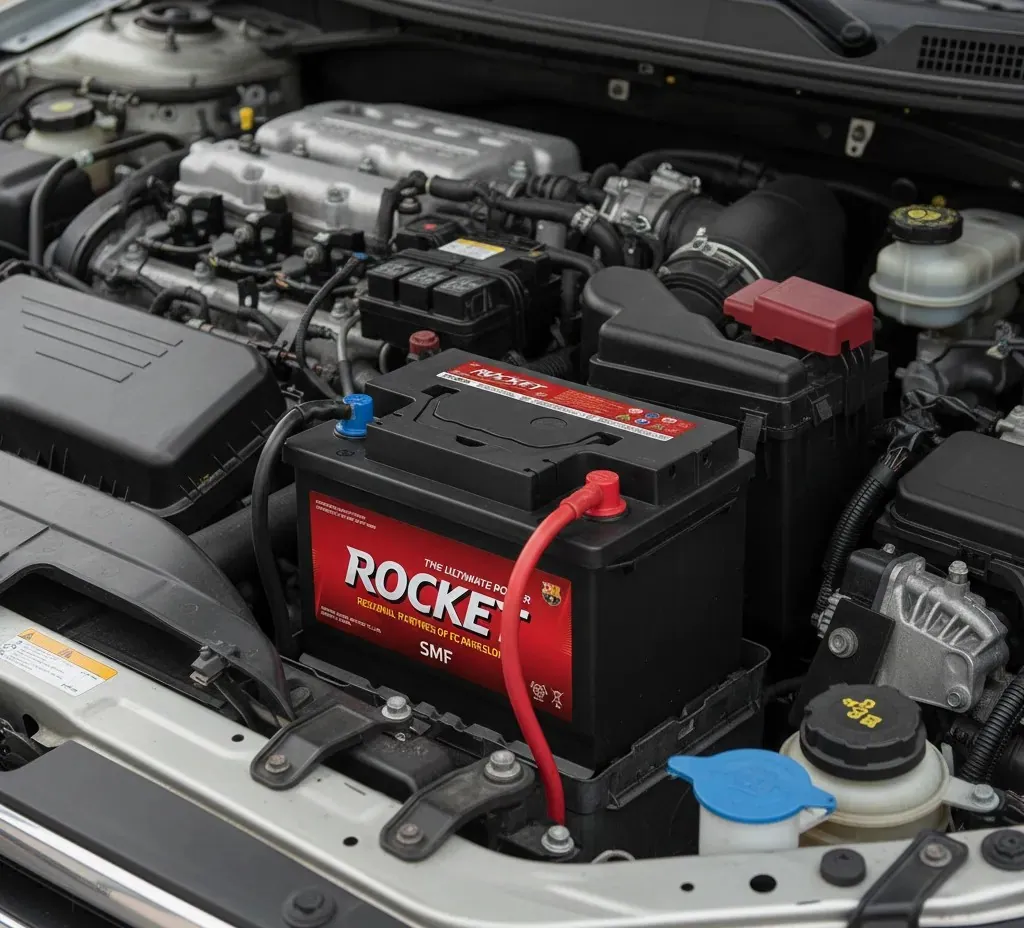 Swapped and connected Rocket battery connected in an engine bay