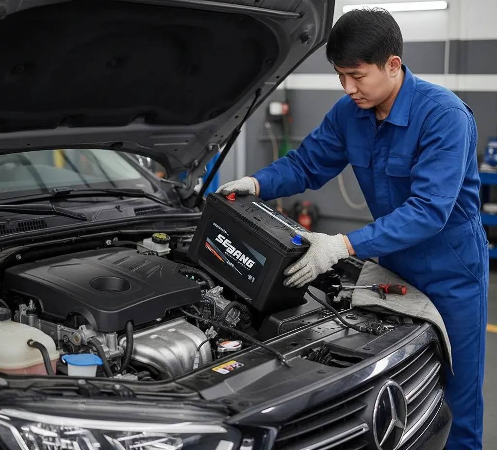 Our promise on every job Technician lowering a Sebang battery into a car