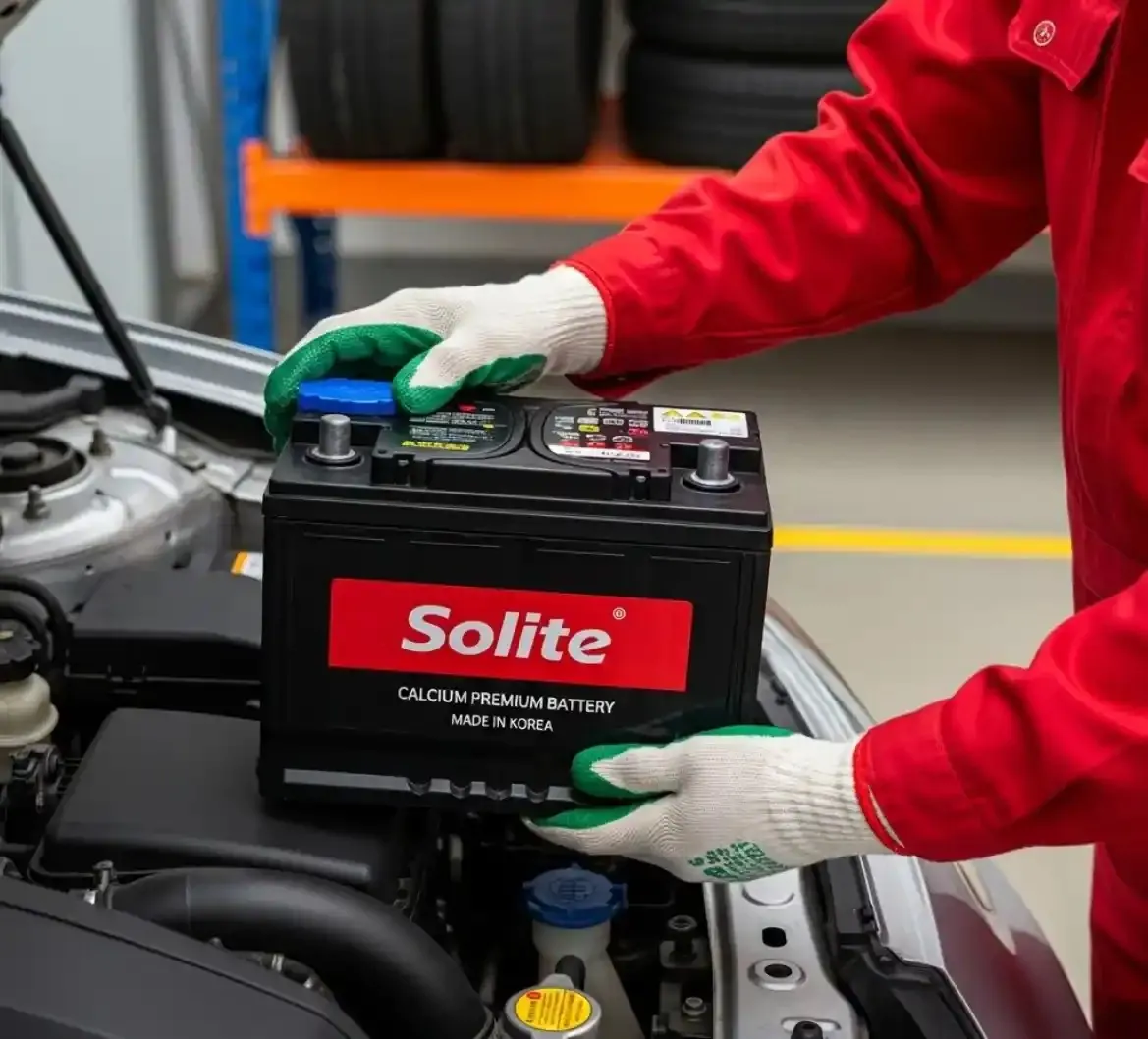 Fitted where you are Gloved hands setting a Solite battery into place