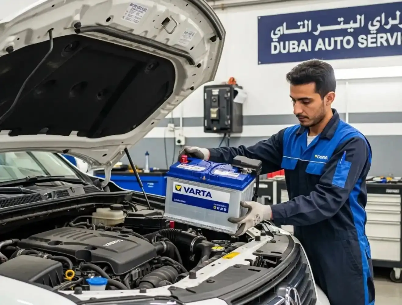 Technician working on a Varta battery in a service bay
