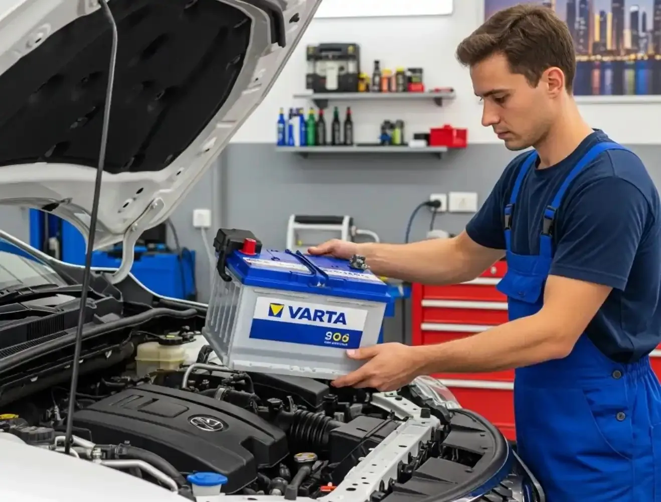 Technician placing a Varta battery under an open bonnet